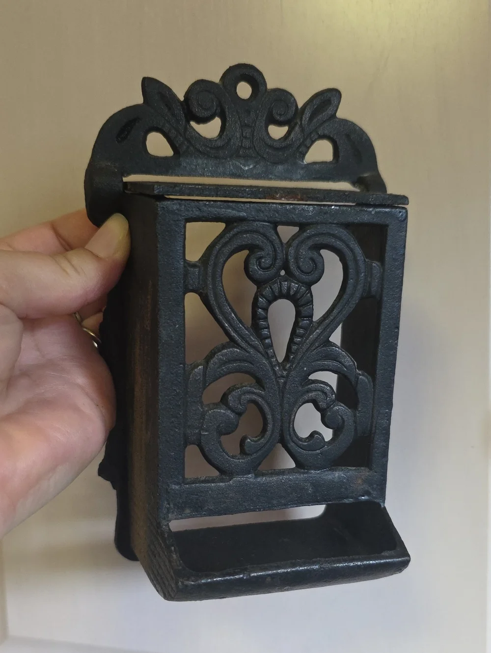 Ornate Black Cast Iron Wall-Mounted Match or Key Holder